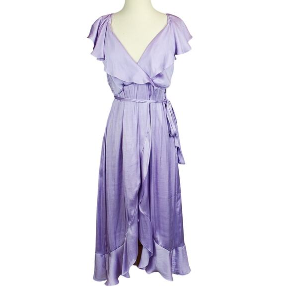 Bardot Satin Bea Wrap Ruffle Midi Dress US 6 Lilac Coquette Fairy Whimsy Event - Picture 3 of 16